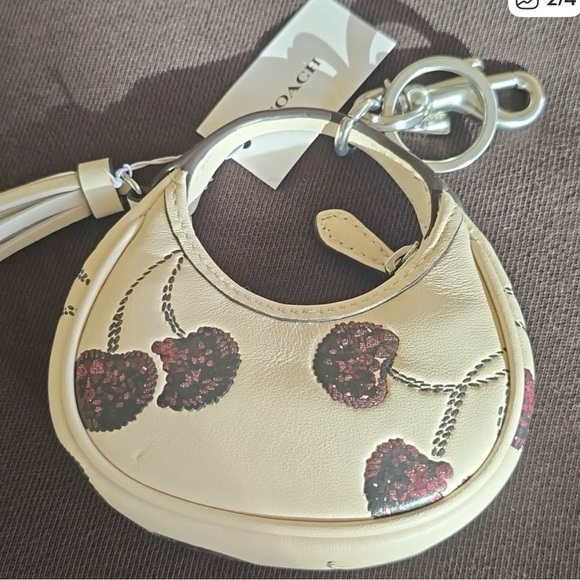 Coach CDB52 Mini Carmen Bag Charm with Cherry Print Silver Chalk Multi Leather - Picture 2 of 4